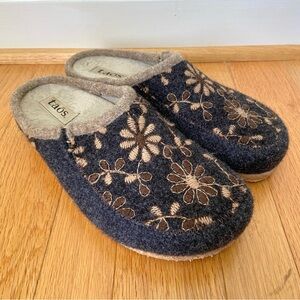 Taos Woolderness Slippers EU 40 Gray Wool Felt Embroidered Cork Clog Shearling